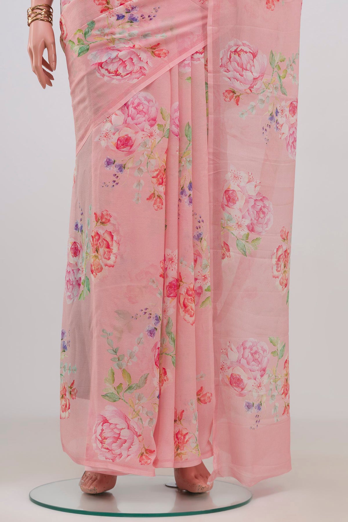 Pleats and pallu of Rose pink Mysore Chiffon Saree with Floral Print on the body and Without Border. 