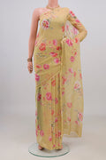 Sandal Mysore Chiffon Saree with Floral Print on the body and Without Border.  displayed on a mannequin