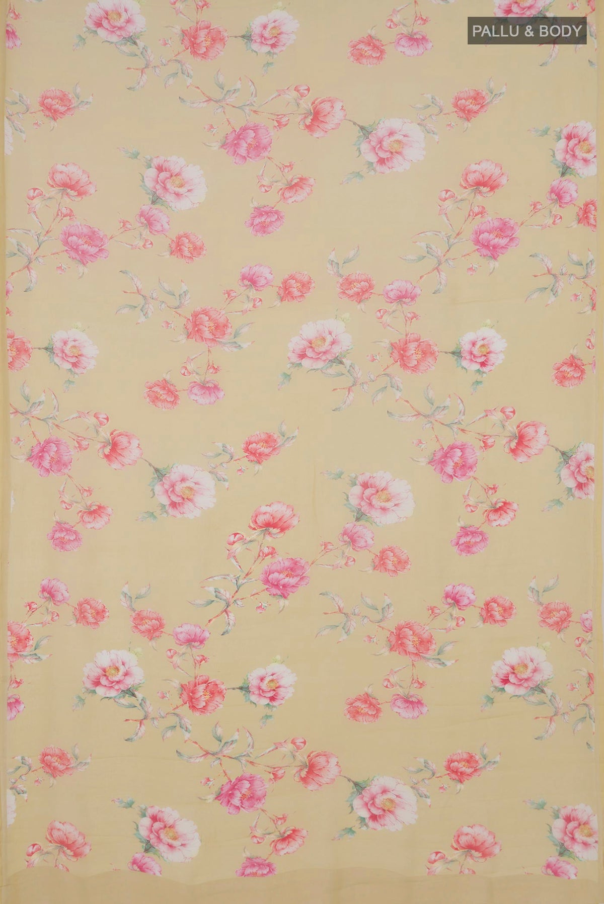 Flat view of Sandal Mysore Chiffon Saree with Floral Print on the body and Without Border. 