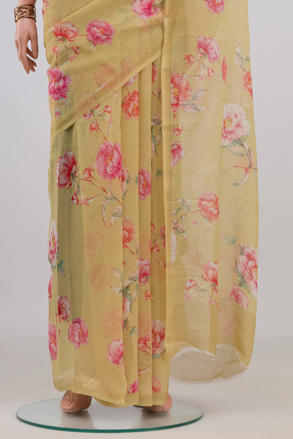 Pleats and pallu of Sandal Mysore Chiffon Saree with Floral Print on the body and Without Border. 