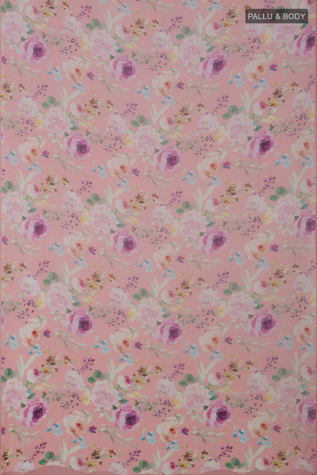 Flat view of Peach Chiffon Saree with Printed design on the body and Without Border. 