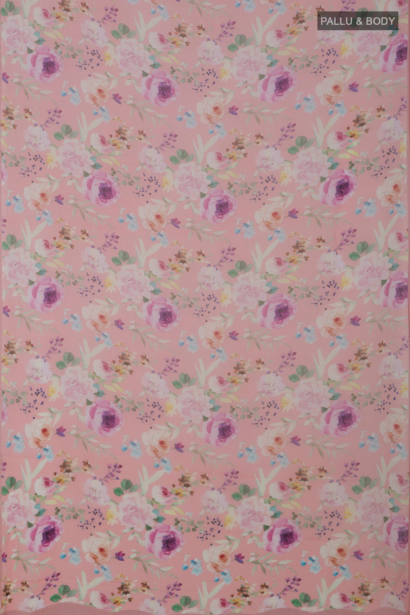 Flat view of Peach Chiffon Saree with Printed design on the body and Without Border. 