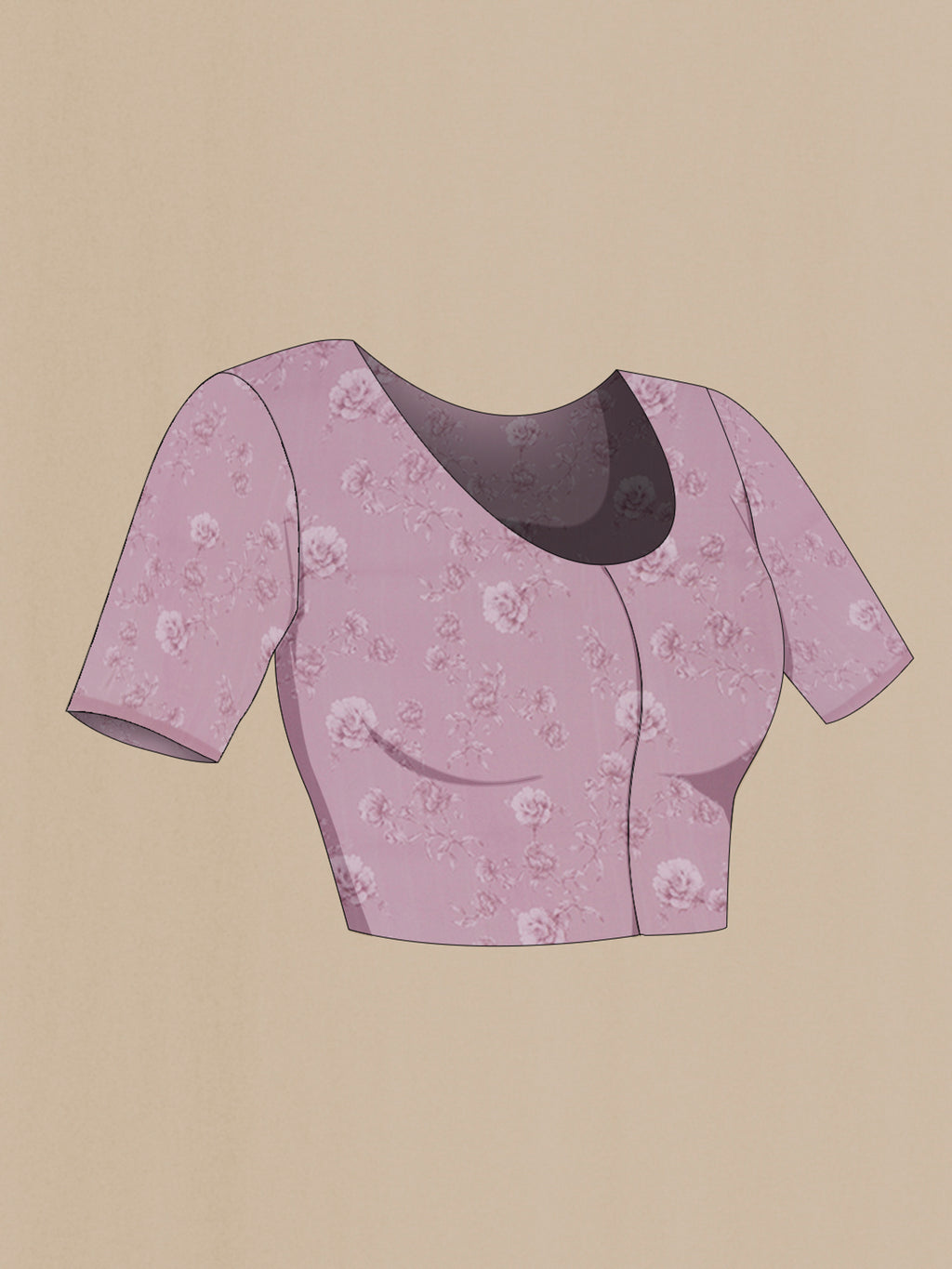 Close up image of the blouse of Lavender Mysore Chiffon Saree with Floral Print on the body and Without Border. 