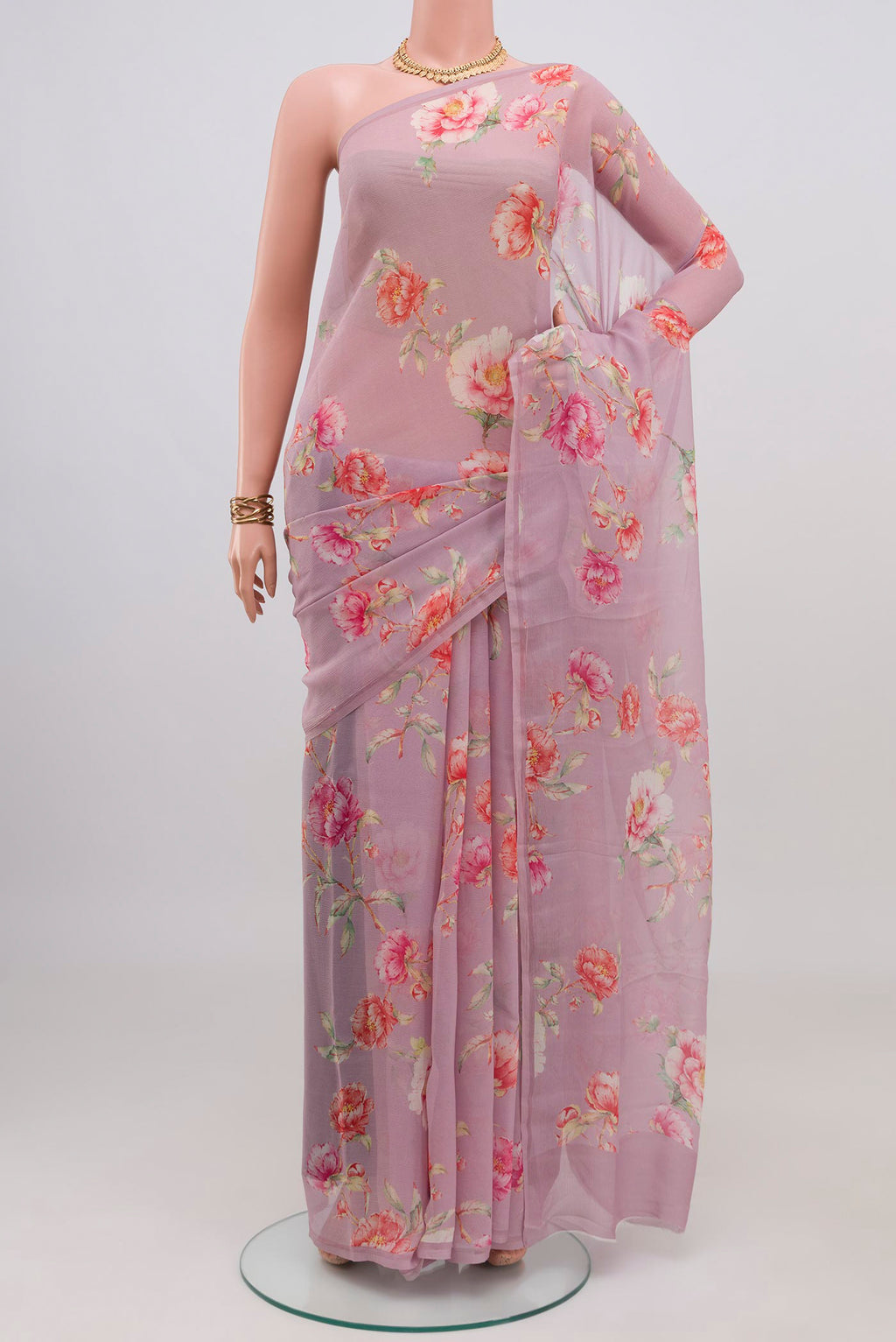 Lavender Mysore Chiffon Saree with Floral Print on the body and Without Border.  displayed on a mannequin