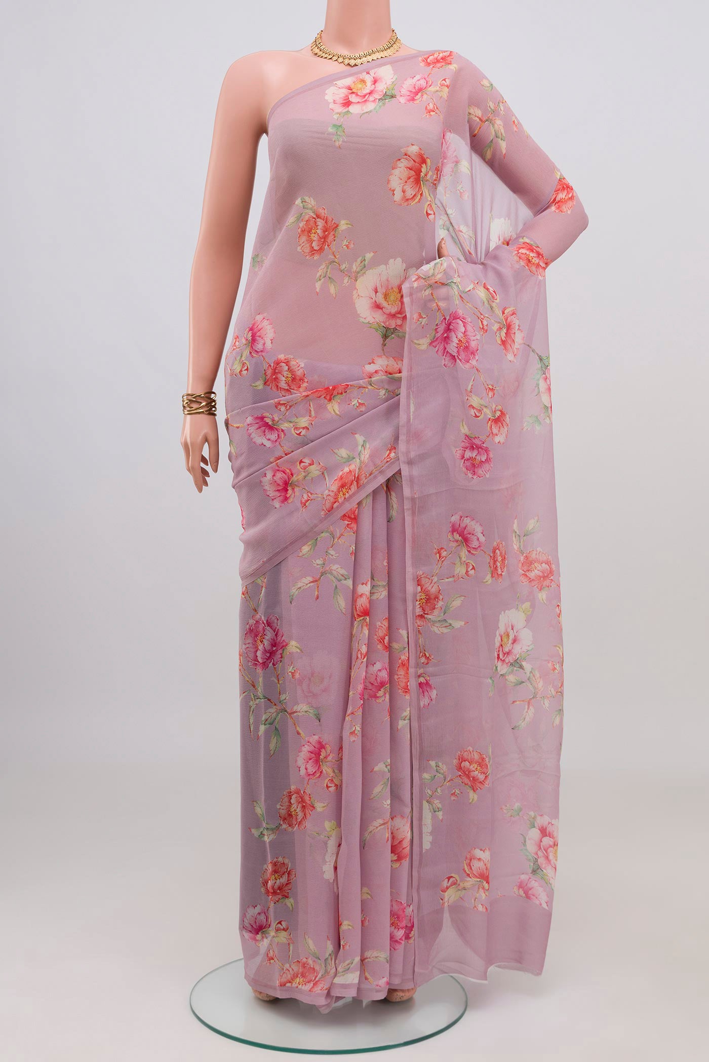 Lavender Mysore Chiffon Saree with Floral Print on the body and Without Border.  displayed on a mannequin