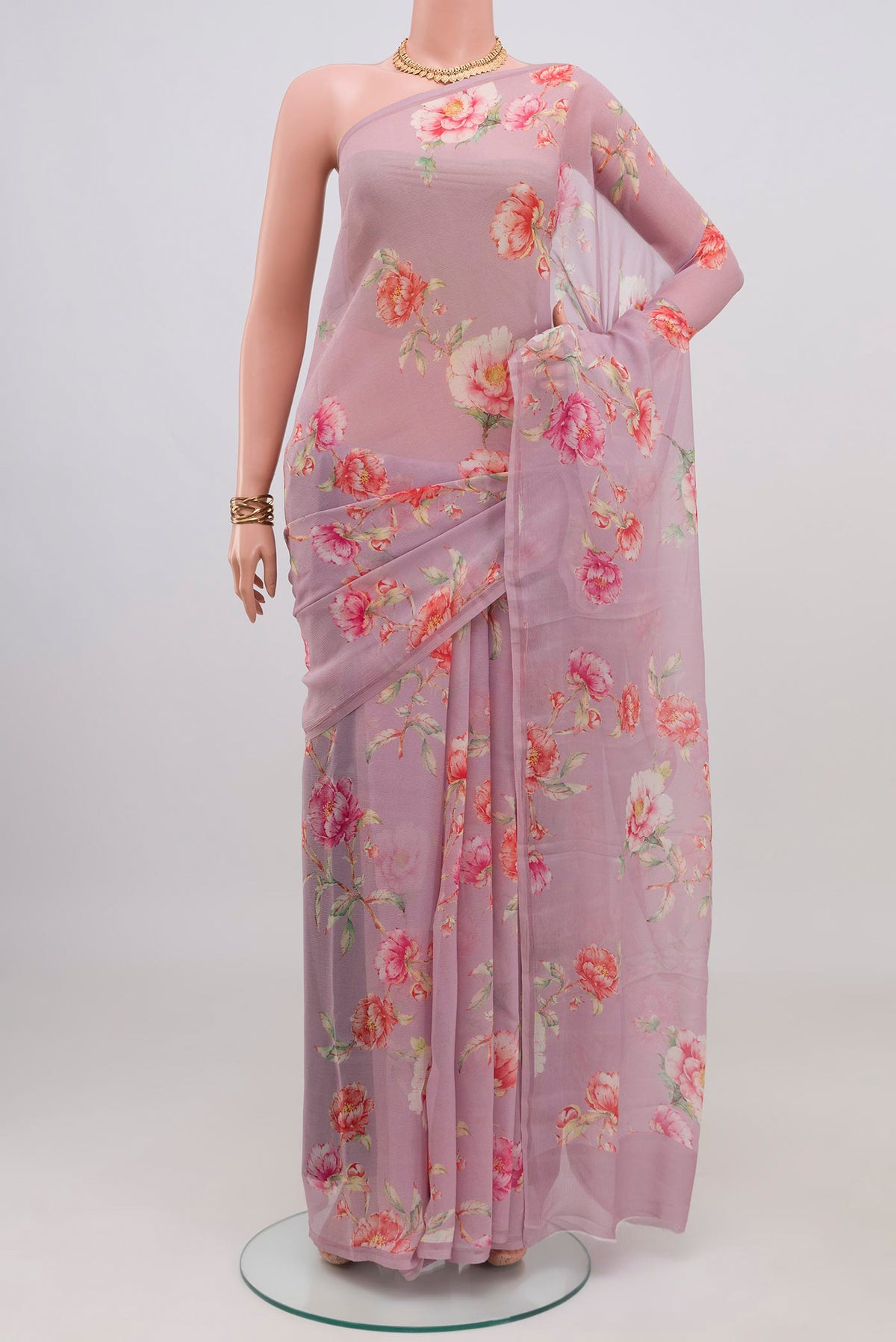 Lavender Mysore Chiffon Saree with Floral Print on the body and Without Border.  displayed on a mannequin