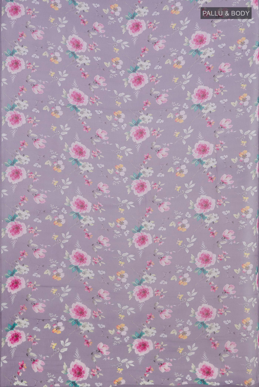 Flat view of Grey Mysore Chiffon Saree with Floral Print on the body and Without Border. 