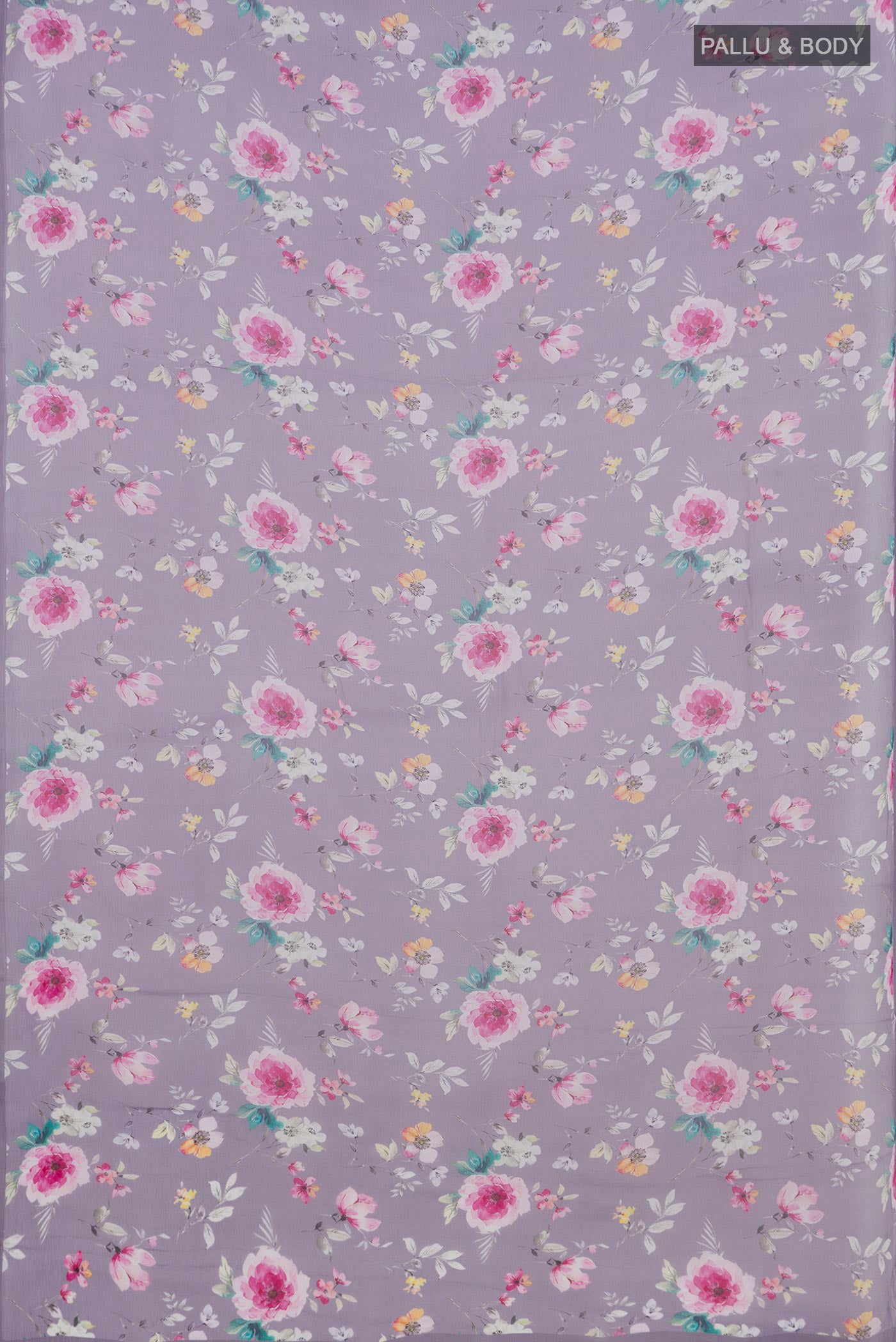 Flat view of Grey Mysore Chiffon Saree with Floral Print on the body and Without Border. 