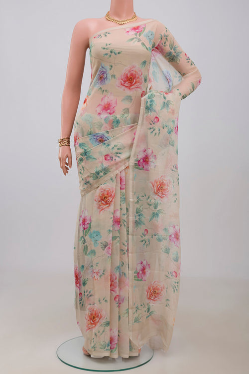 Beige Chiffon Saree with Printed design on the body and Without Border.  displayed on a mannequin