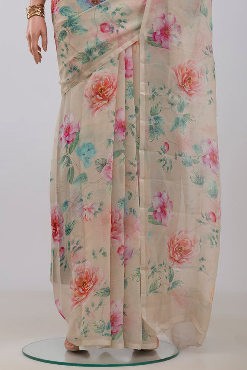 Pleats and pallu of Beige Chiffon Saree with Printed design on the body and Without Border. 