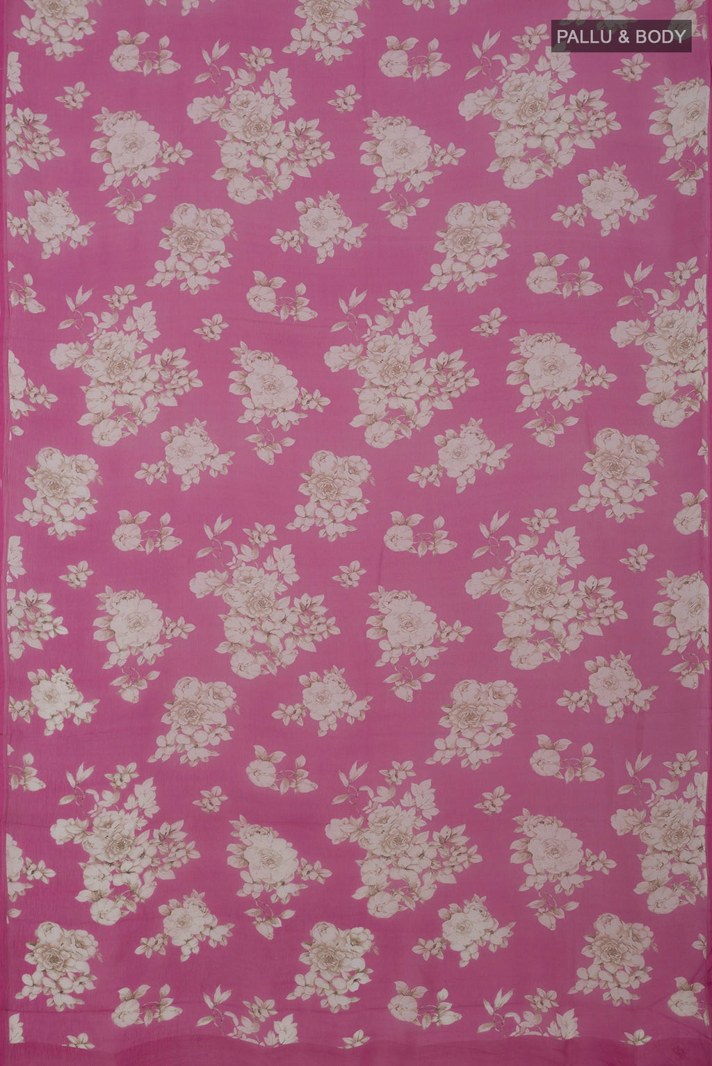 Flat view of Pink Chiffon Saree with Printed design on the body and Without Border. 