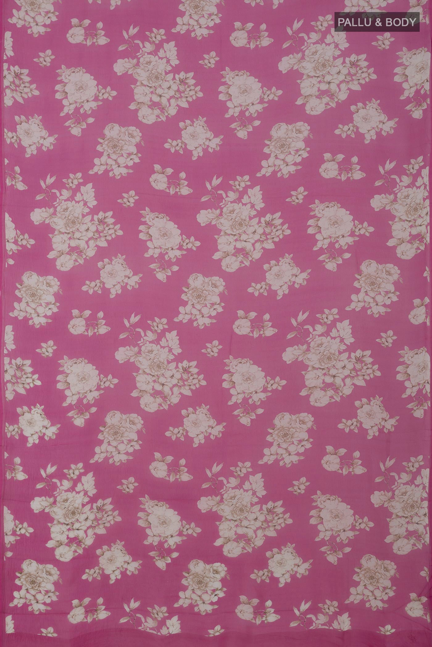 Flat view of Pink Chiffon Saree with Printed design on the body and Without Border. 