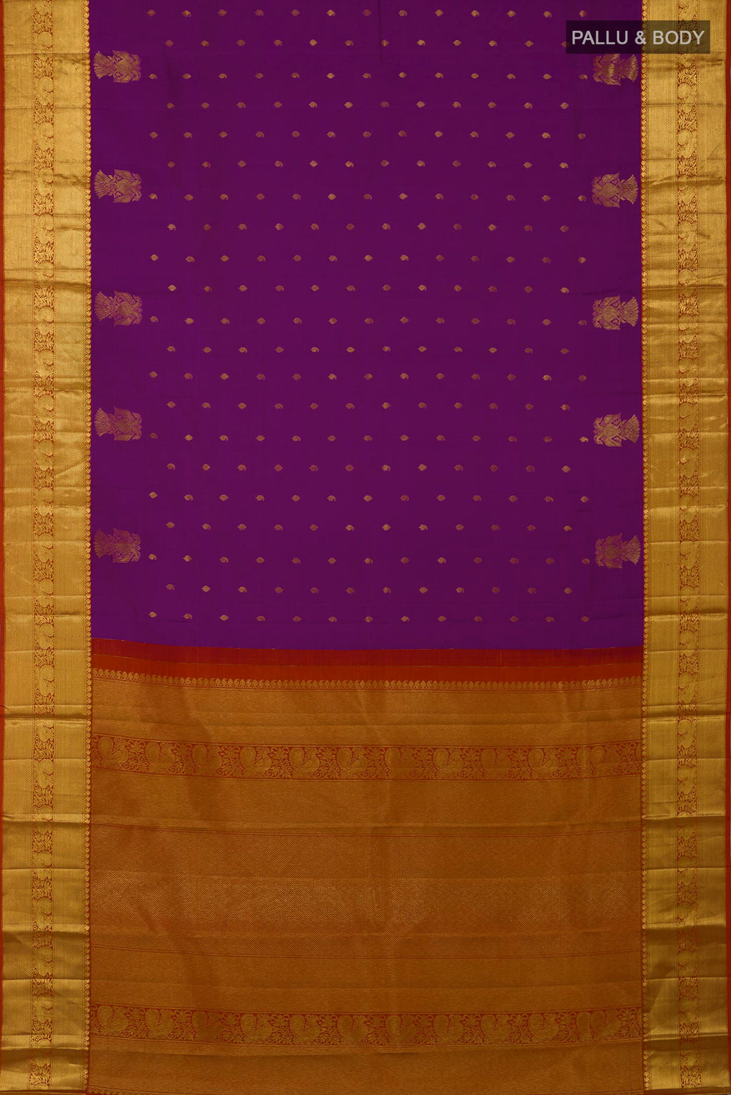 Flat view of Magenta Kanjivaram Saree with Zari Butta on the body and Zari Border. 