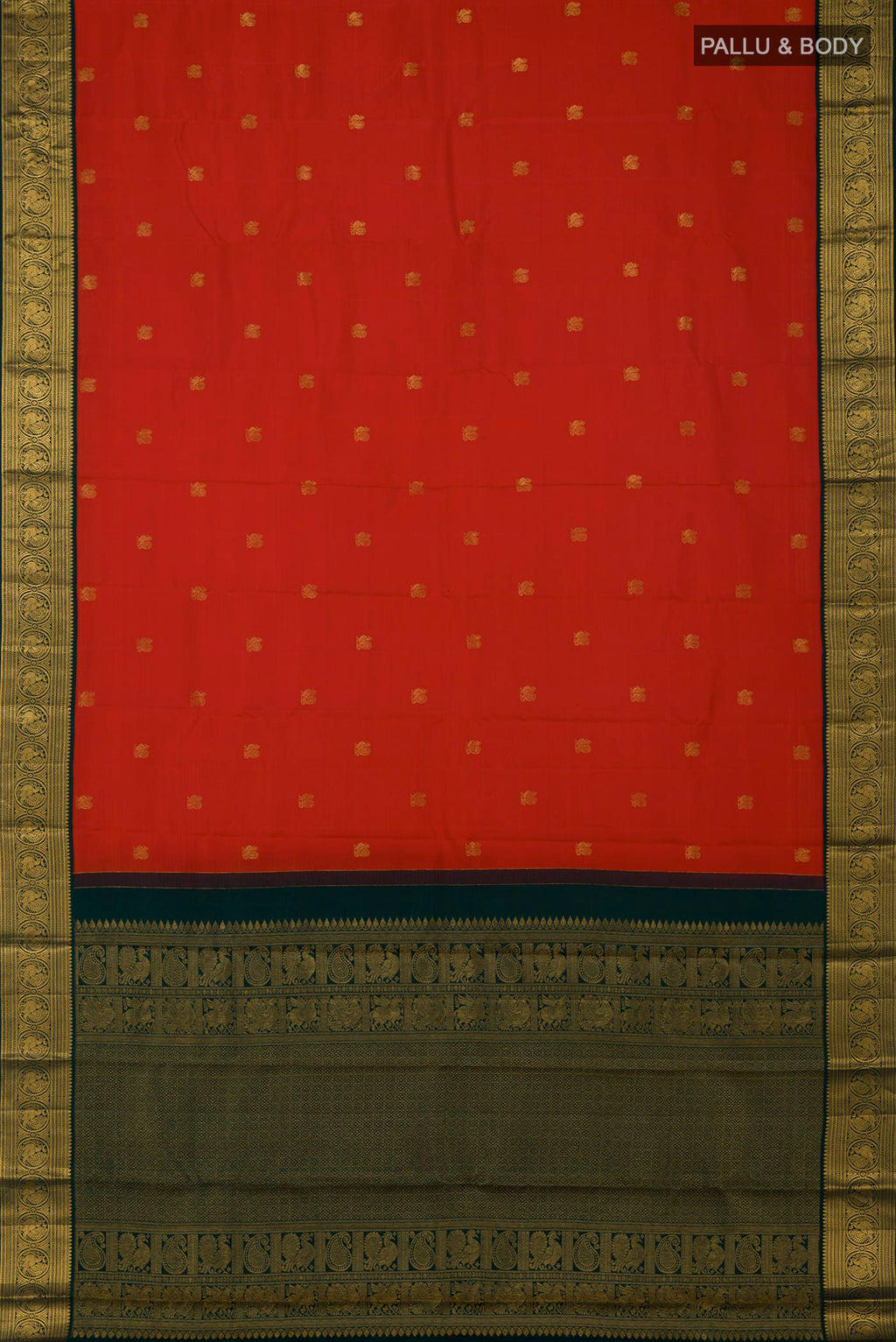 Flat view of Orange Kanjivaram Silk Saree with Zari Butta on the body and Zari Border. 