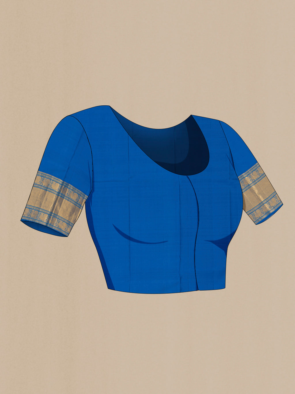 Close up image of the blouse of Pure Silk Blue Kanjivaram Saree with Zari Butta on the body and Zari Border. 