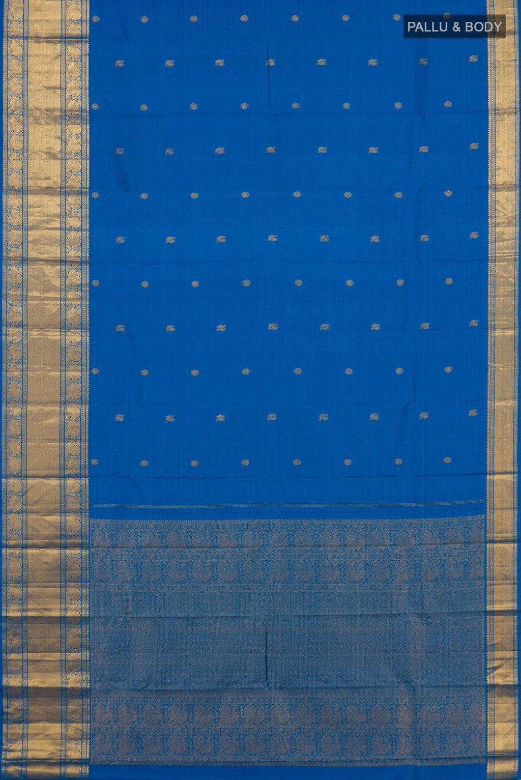 Flat view of Pure Silk Blue Kanjivaram Saree with Zari Butta on the body and Zari Border. 