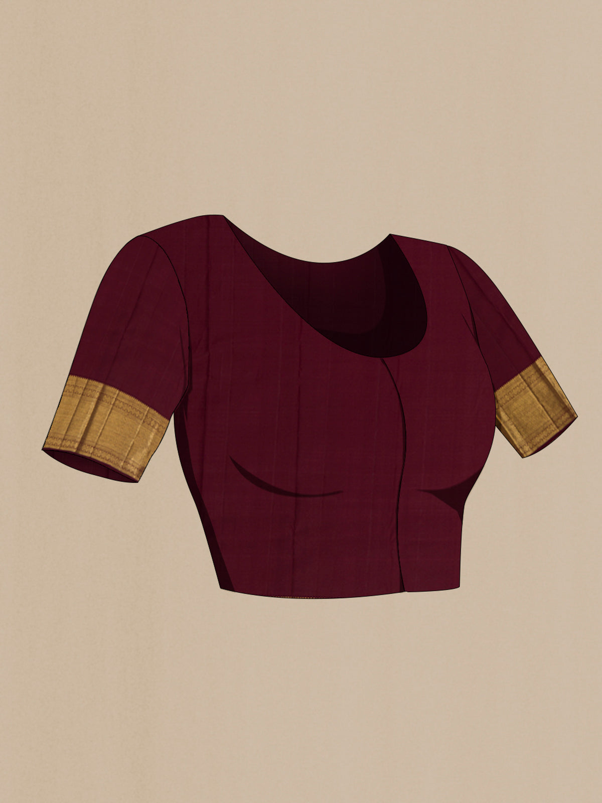 Close up image of the blouse of Brown Kanchipuram Silk Saree with Zari Brocade on the body and Zari Border. 