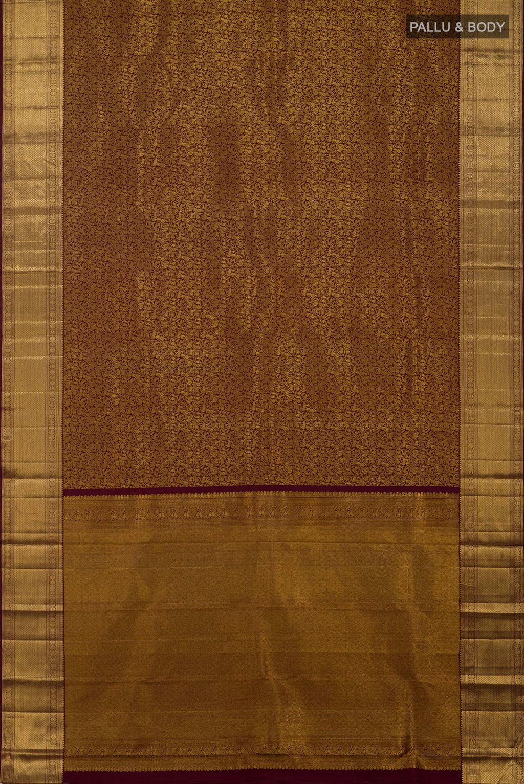Flat view of Brown Kanchipuram Silk Saree with Zari Brocade on the body and Zari Border. 