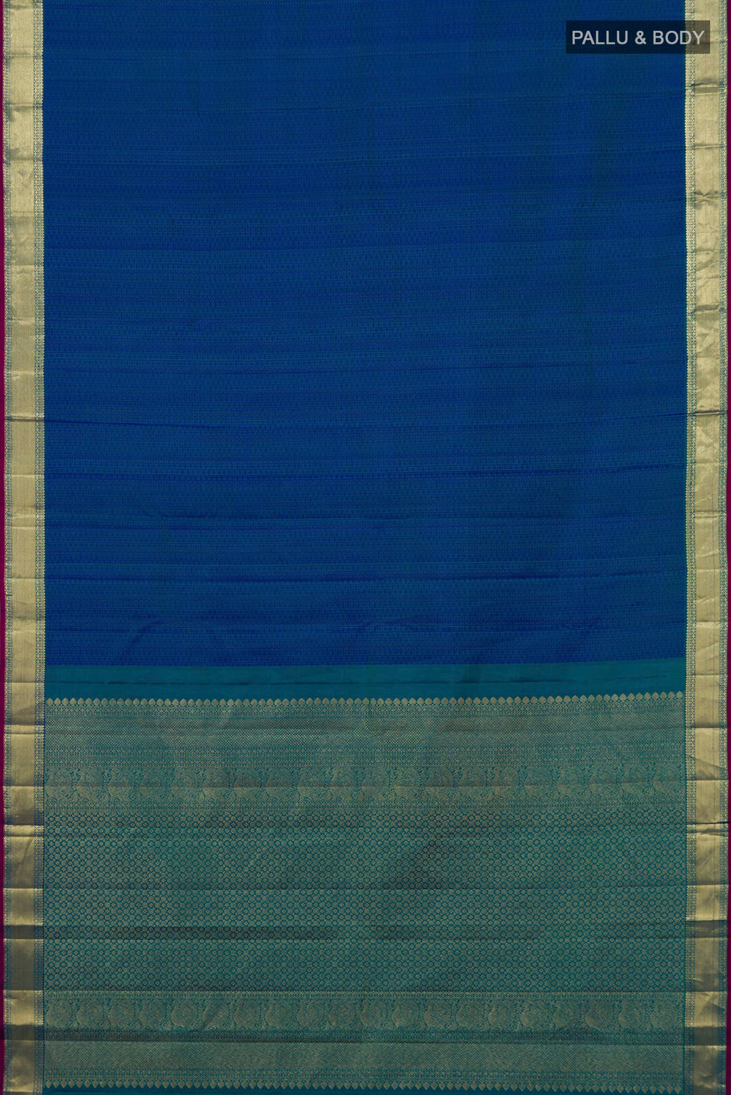 Flat view of Peacock Blue Kanjivaram Silk Saree with Jacquard design on the body and Zari Border. 