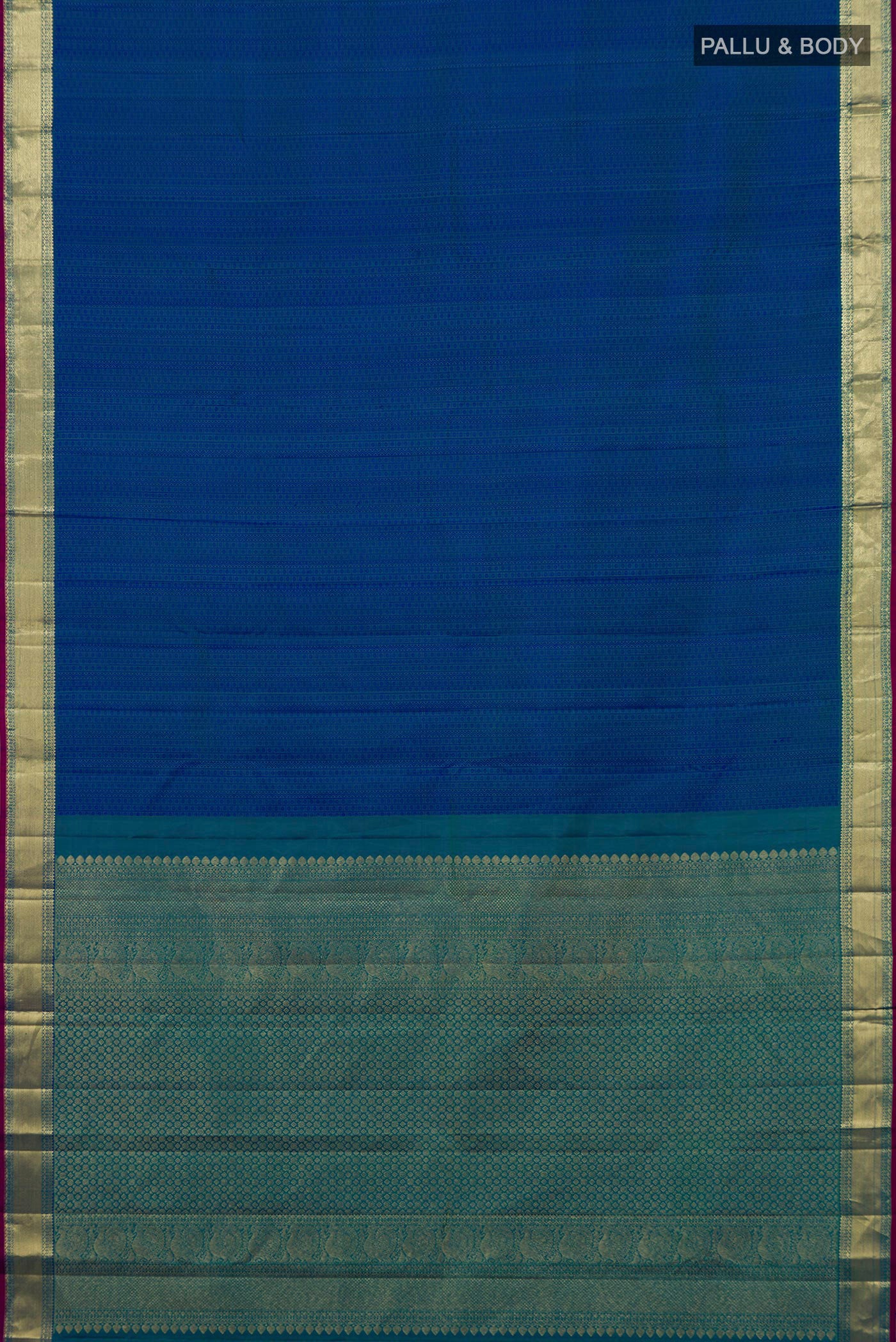 Flat view of Peacock Blue Kanjivaram Silk Saree with Jacquard design on the body and Zari Border. 