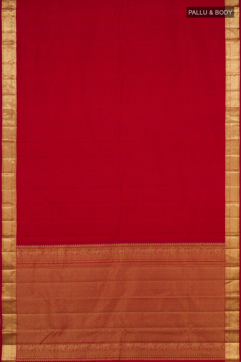 Flat view of Red Kanjivaram Silk Saree with Jacquard design on the body and Zari Border. 