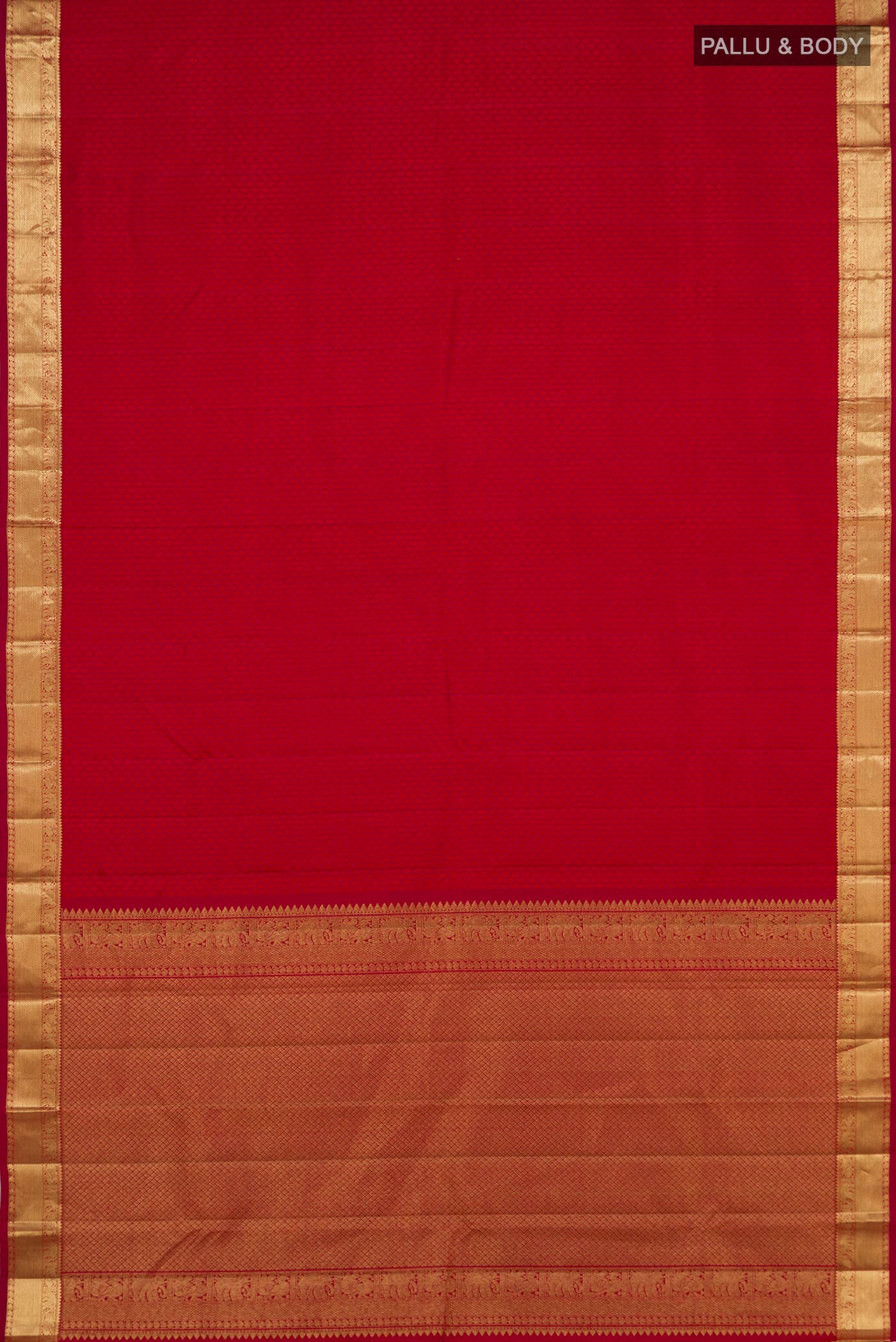 Flat view of Red Kanjivaram Silk Saree with Jacquard design on the body and Zari Border. 