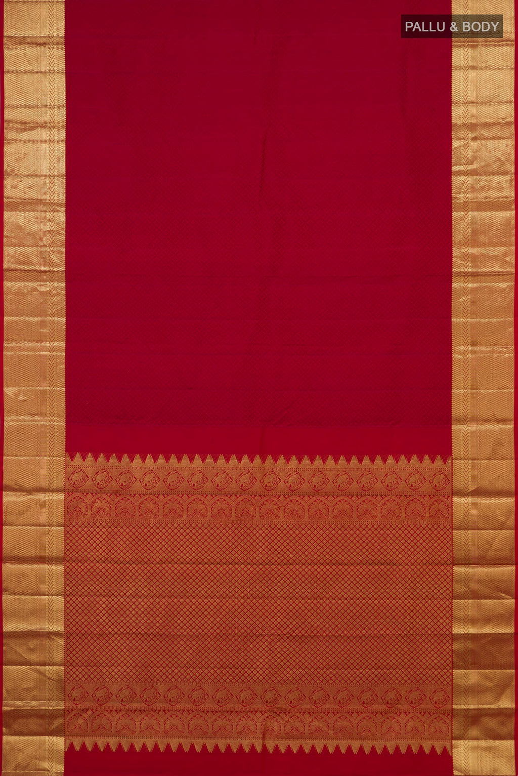 Flat view of Red Kanjivaram Silk Saree with Jacquard design on the body and Zari Border. 
