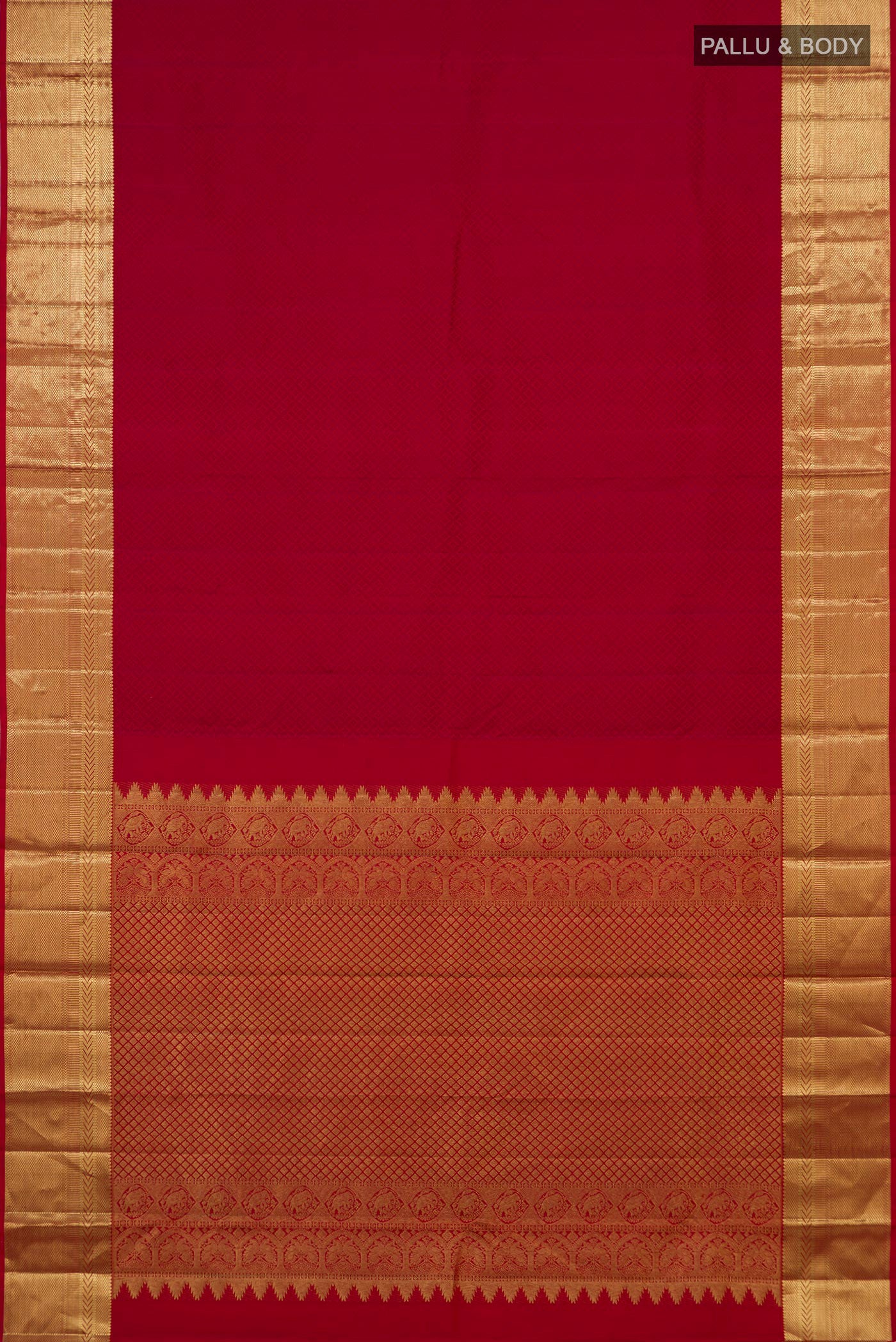 Flat view of Red Kanjivaram Silk Saree with Jacquard design on the body and Zari Border. 