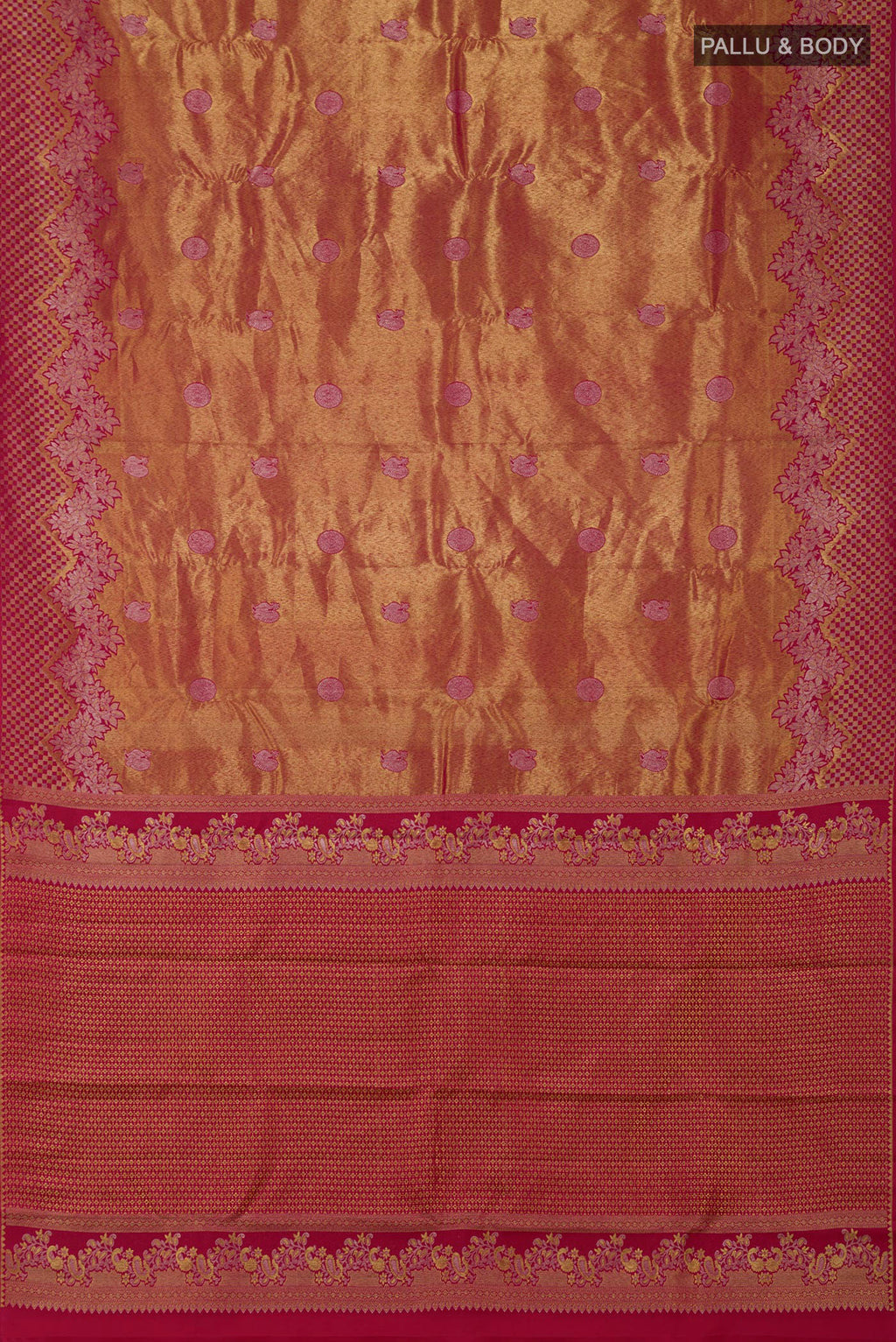 Flat view of Gold Dual Tone Kanchipuram Silk Saree with Zari Brocade on the body and Fancy Border. 