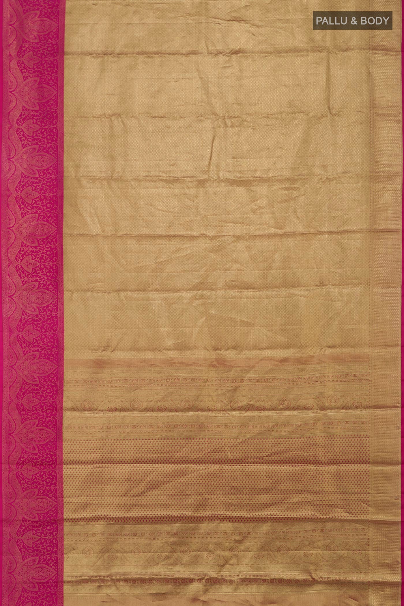 Flat view of Golden Kanchipuram Silk Saree with Zari Brocade on the body and Fancy Border. 