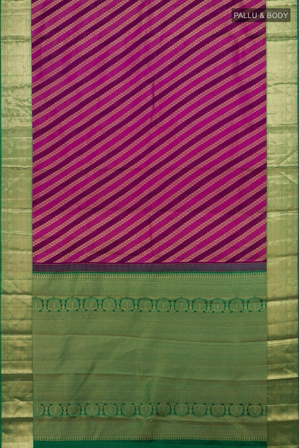 Flat view of Purple Kanchipuram Silk Saree with Zari Brocade on the body and Zari Border. 