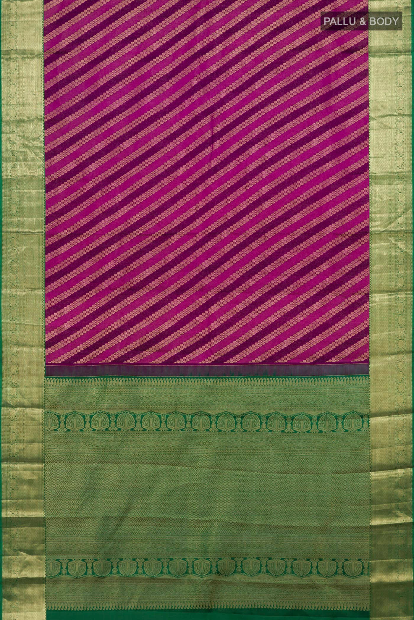 Flat view of Purple Kanchipuram Silk Saree with Zari Brocade on the body and Zari Border. 