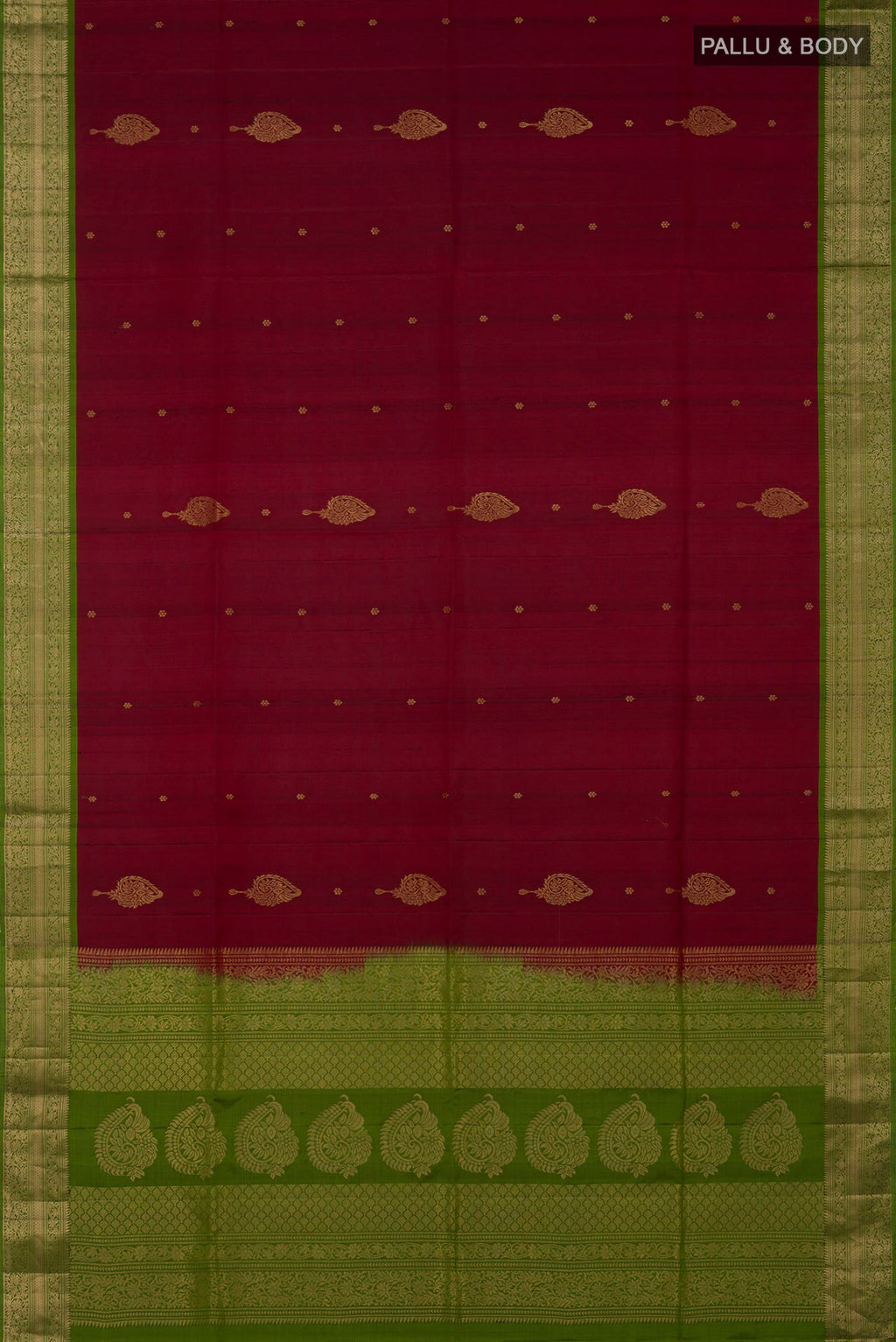 Flat view of Maroon Soft Silk Saree with Zari Butta on the body and Zari Border. 