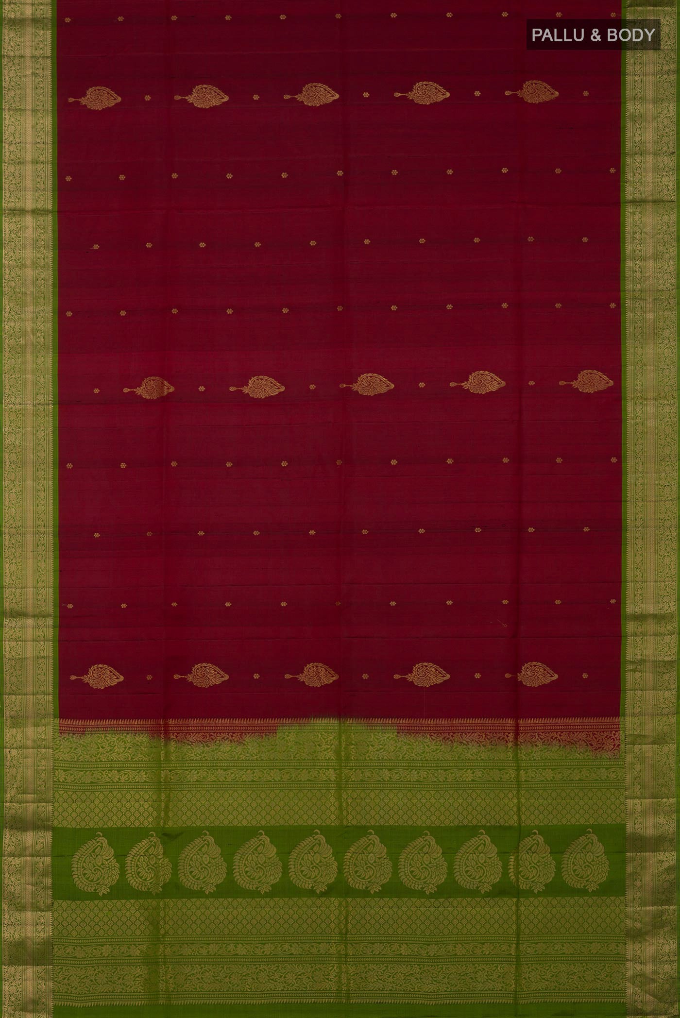Flat view of Maroon Soft Silk Saree with Zari Butta on the body and Zari Border. 