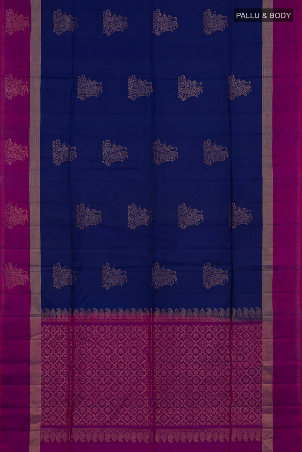 Flat view of Blue Soft Silk Saree with Zari Butta on the body and Thin Zari Line. 