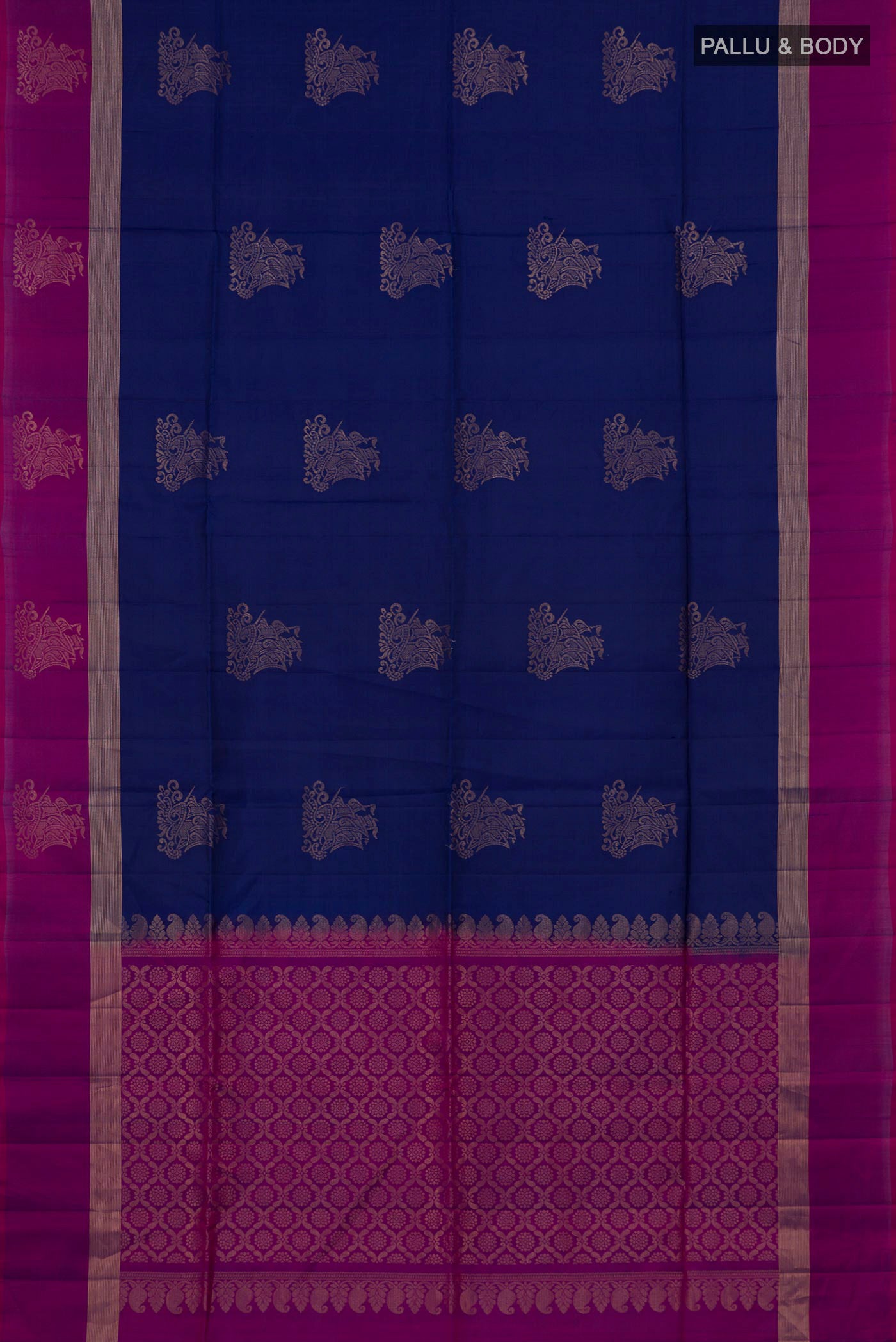 Flat view of Blue Soft Silk Saree with Zari Butta on the body and Thin Zari Line. 
