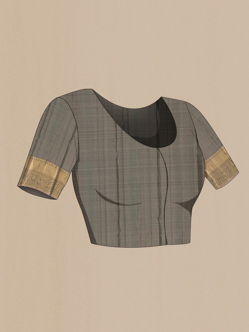 Close up image of the blouse of Grey Kanchipuram Silk Saree with Zari Butta on the body and Zari Border. 