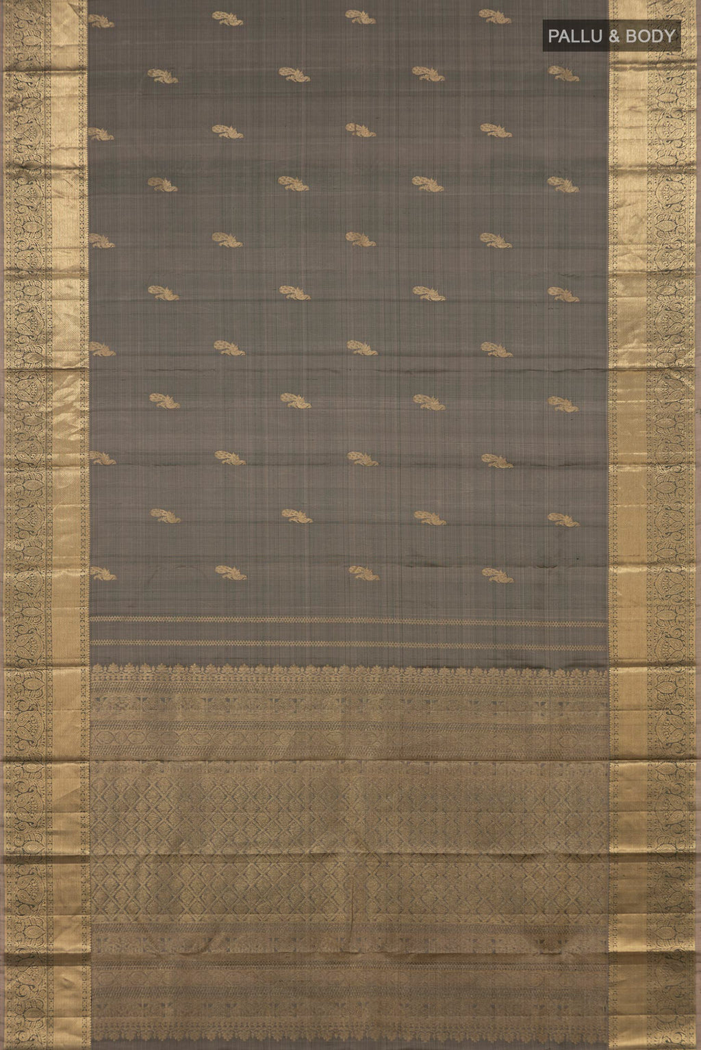Flat view of Grey Kanchipuram Silk Saree with Zari Butta on the body and Zari Border. 