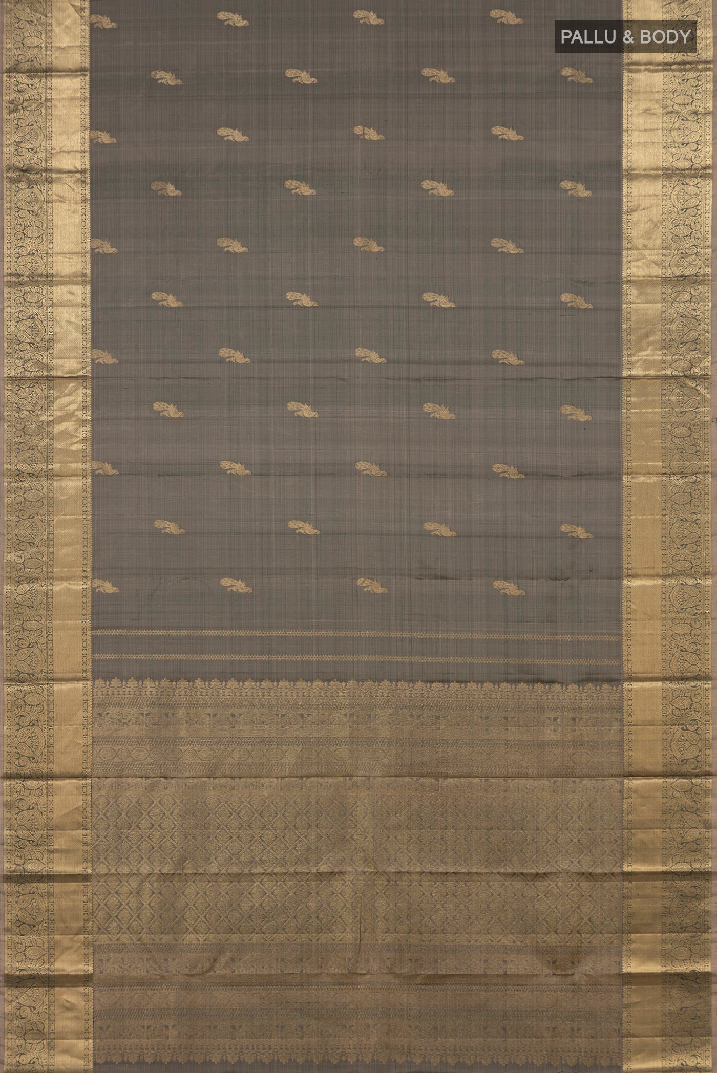 Flat view of Grey Kanchipuram Silk Saree with Zari Butta on the body and Zari Border. 