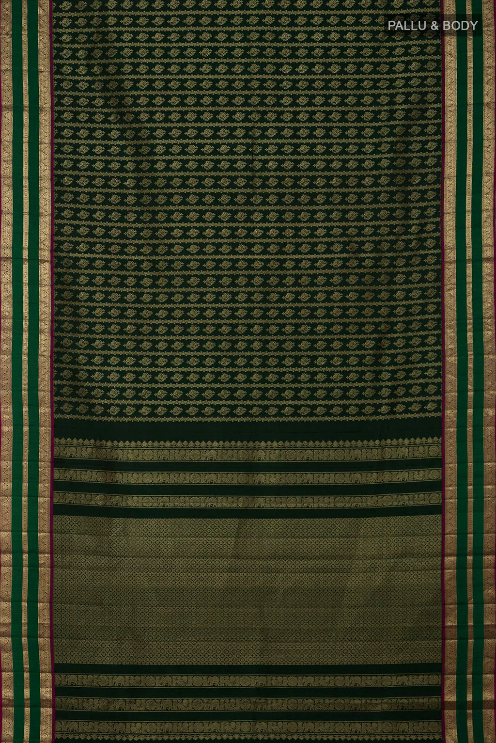 Flat view of Bottle Green Kanjivaram Silk Saree with Zari Brocade on the body and Zari Border. 