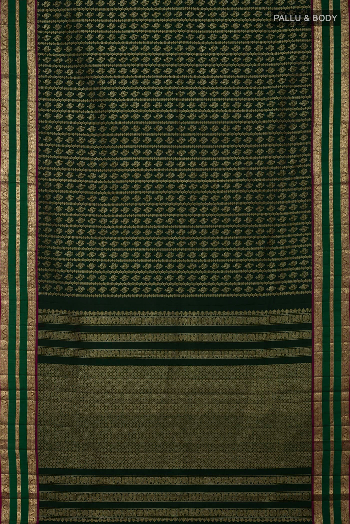 Flat view of Bottle Green Kanjivaram Silk Saree with Zari Brocade on the body and Zari Border. 