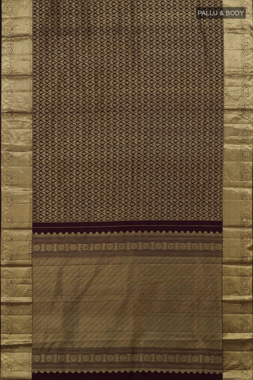 Flat view of Pure Silk Coffee Brown Kanjivaram Saree with Zari Brocade on the body and Zari Border. 