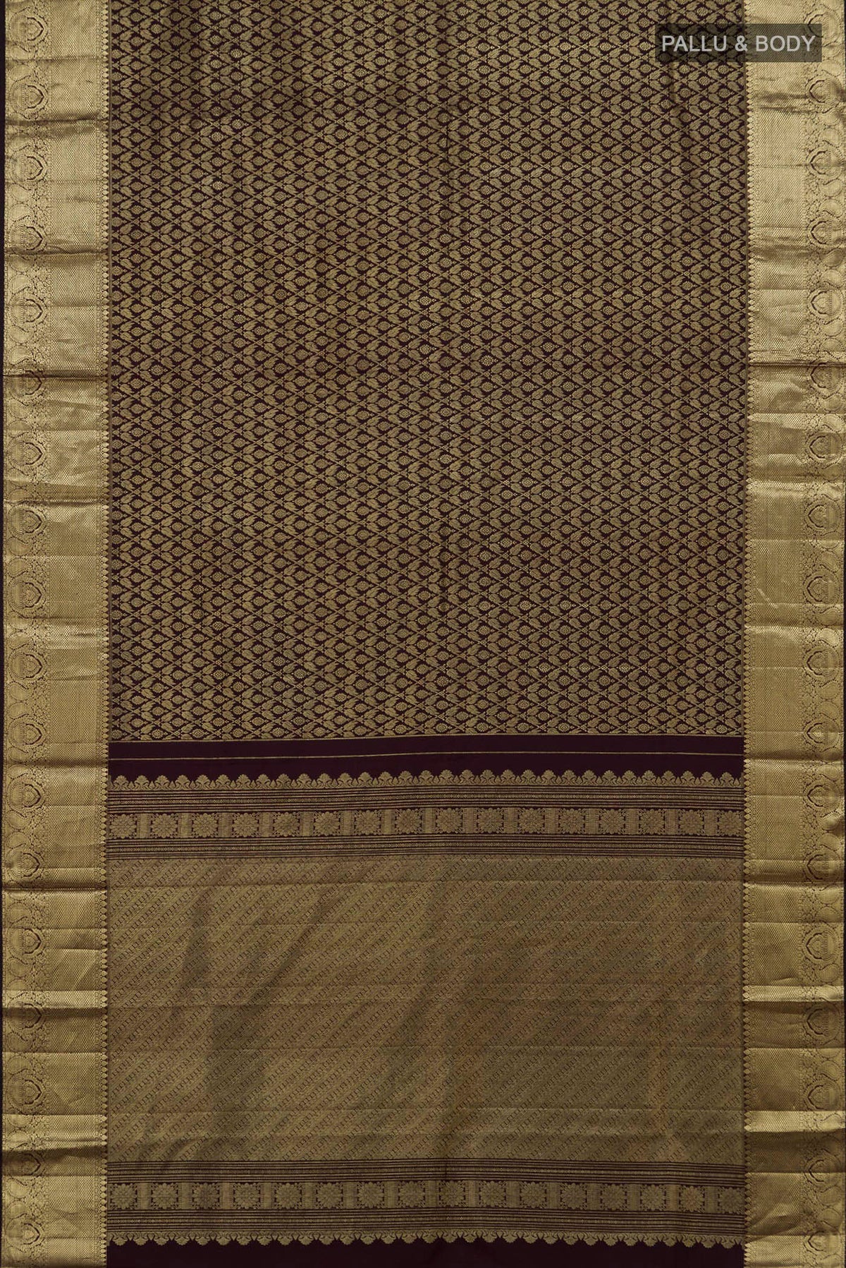 Flat view of Pure Silk Coffee Brown Kanjivaram Saree with Zari Brocade on the body and Zari Border. 