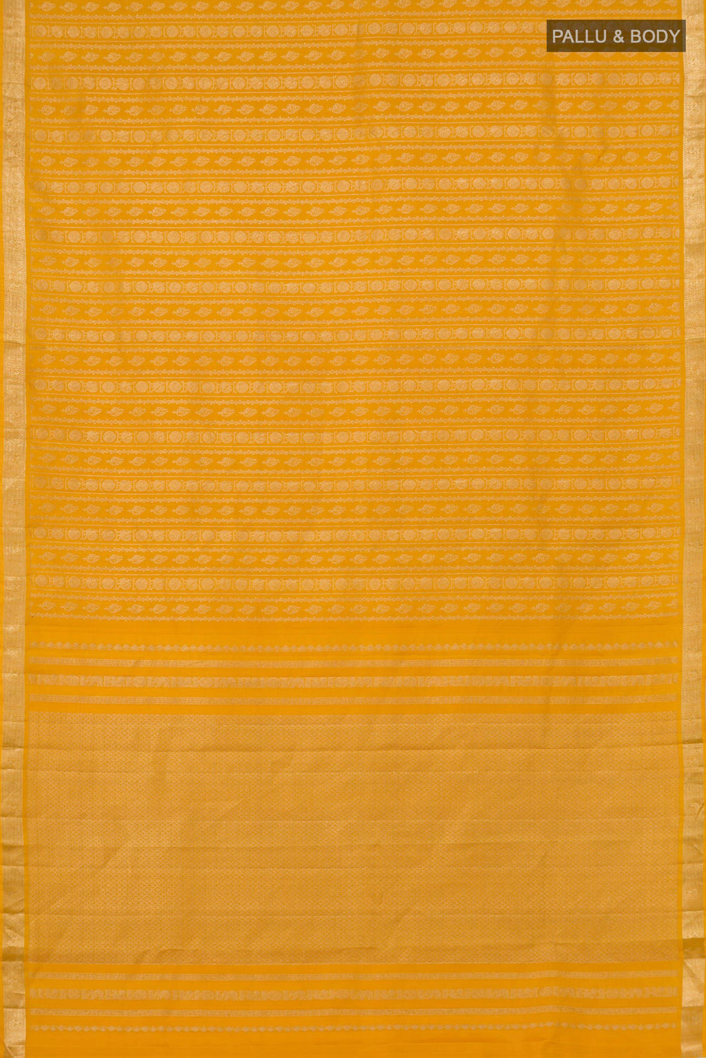 Flat view of Yellow Kanjivaram Silk Saree with Zari Brocade on the body and Zari Border. 