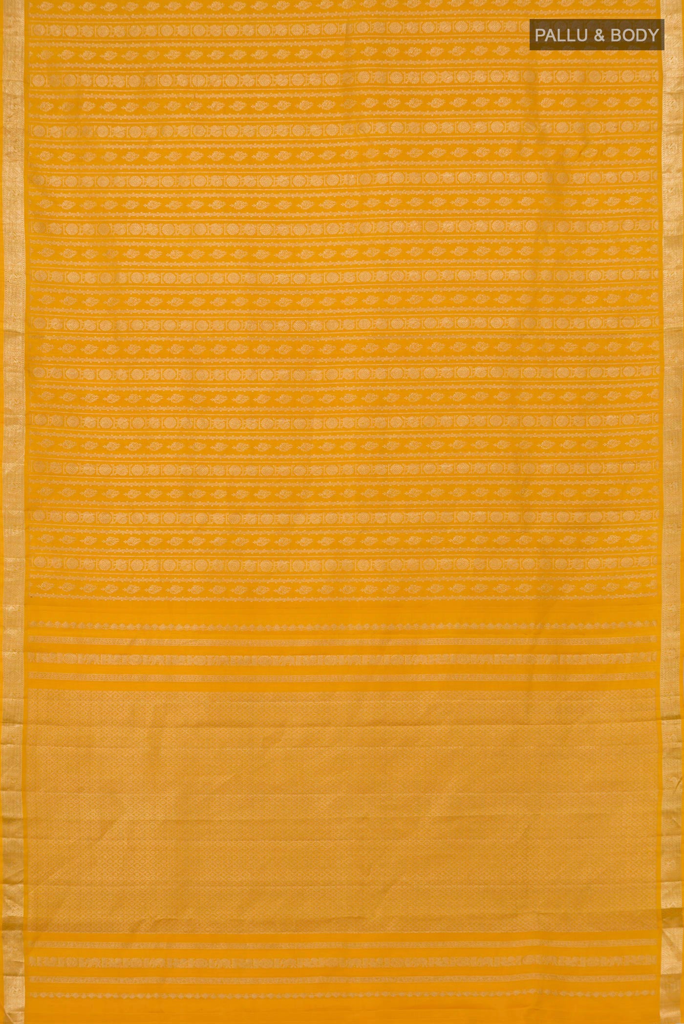 Flat view of Yellow Kanjivaram Silk Saree with Zari Brocade on the body and Zari Border. 