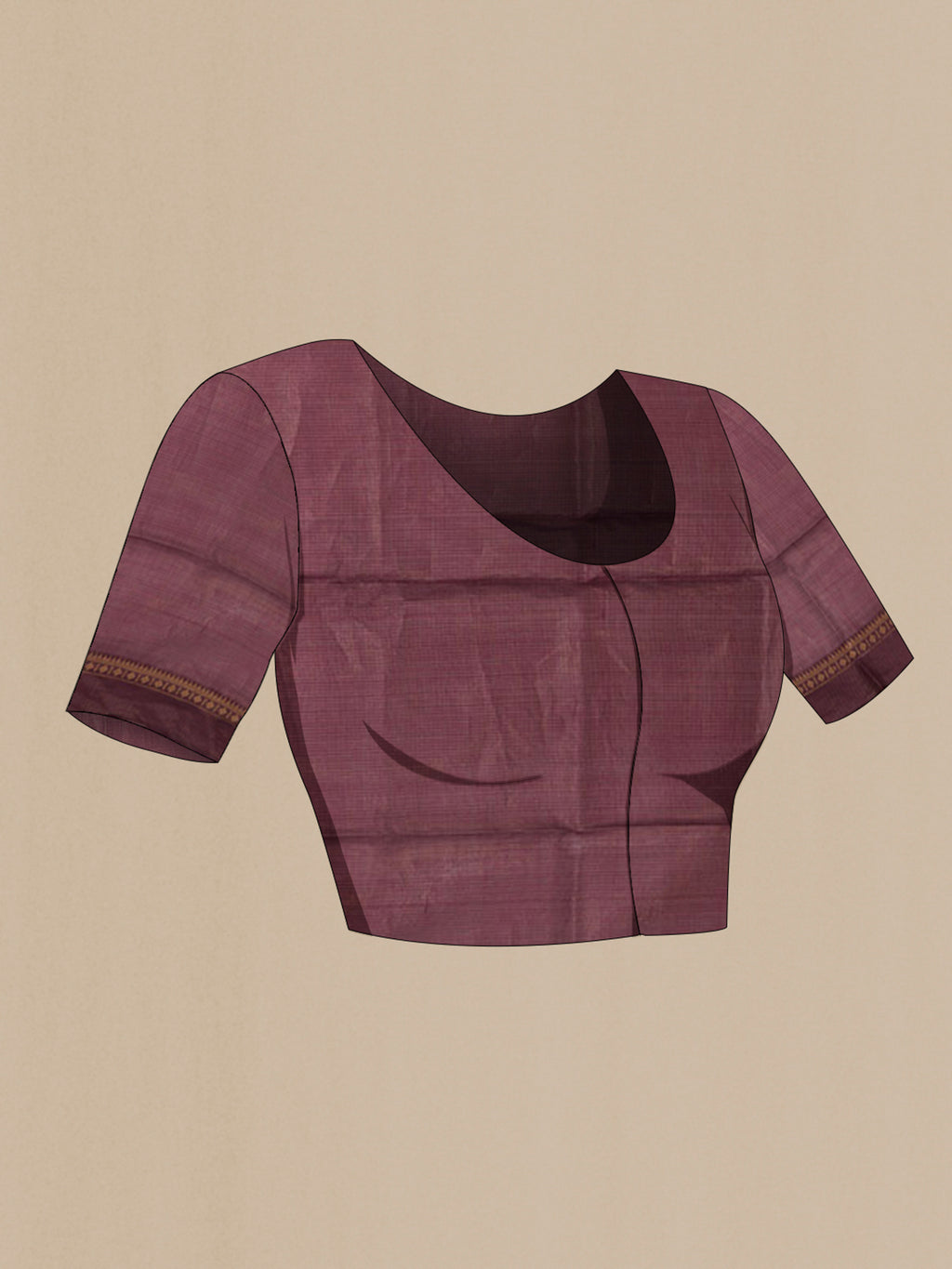 Close up image of the blouse of Brown Tussar Silk Saree with Stripes on the body and Plain Border. 