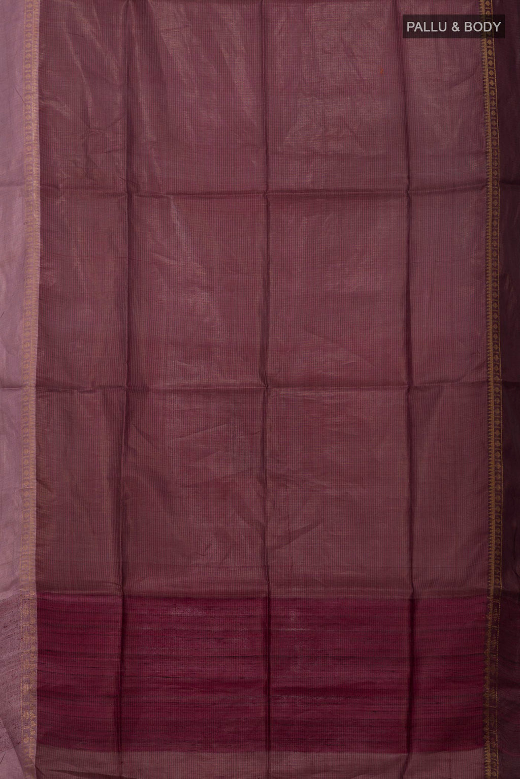 Flat view of Brown Tussar Silk Saree with Stripes on the body and Plain Border. 