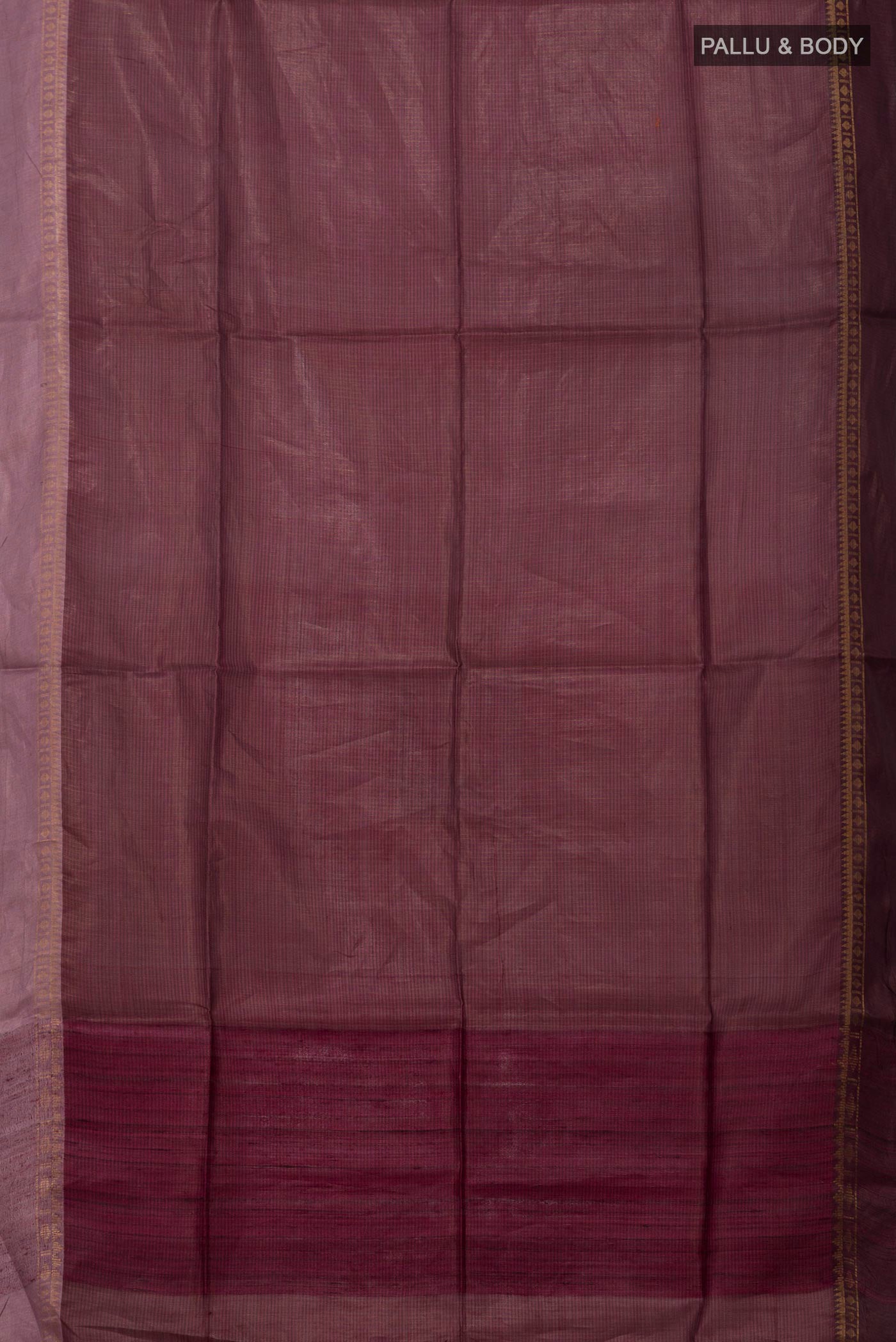 Flat view of Brown Tussar Silk Saree with Stripes on the body and Plain Border. 