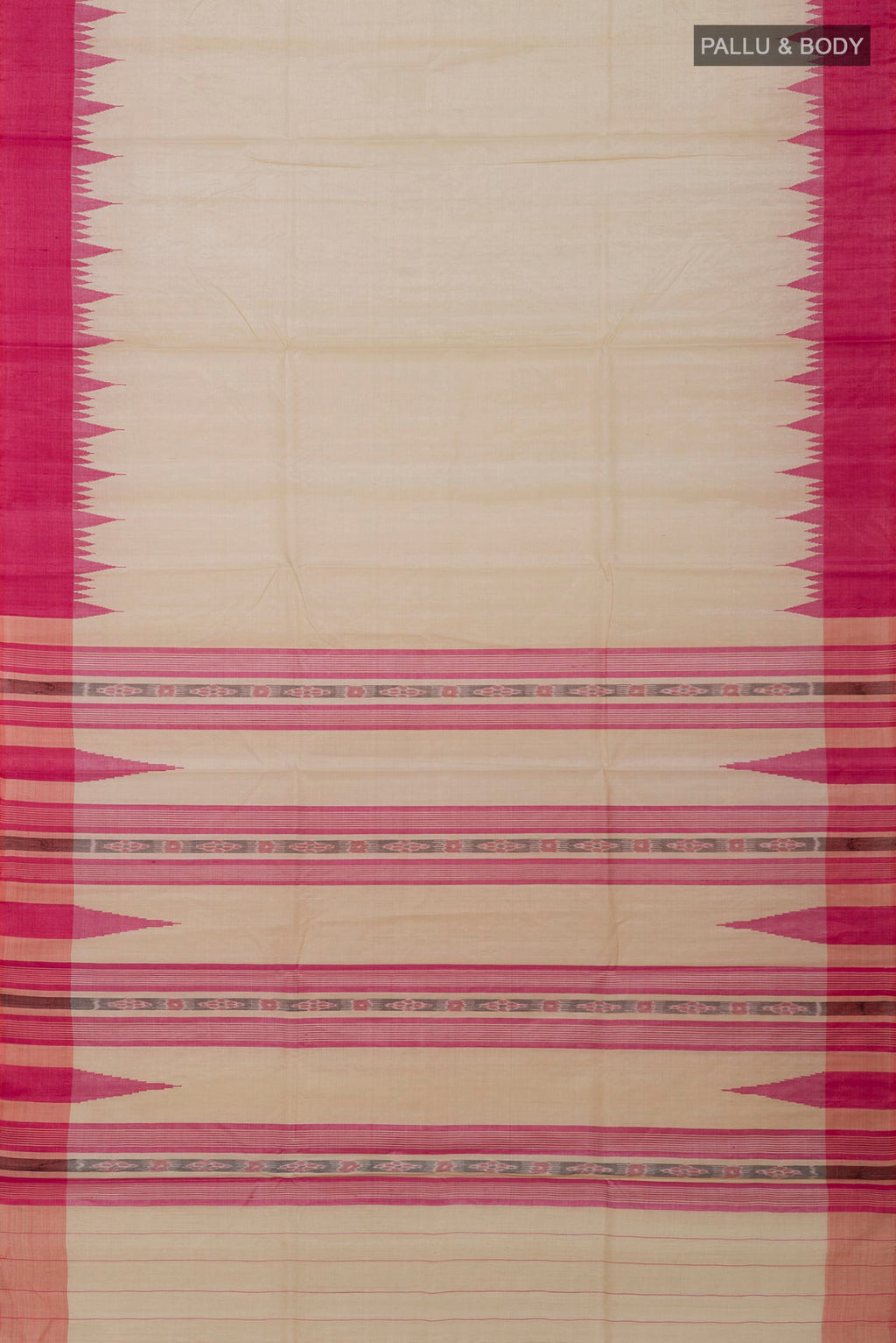 Flat view of Cream Tussar Silk Saree with Plain Body and Temple Border. 
