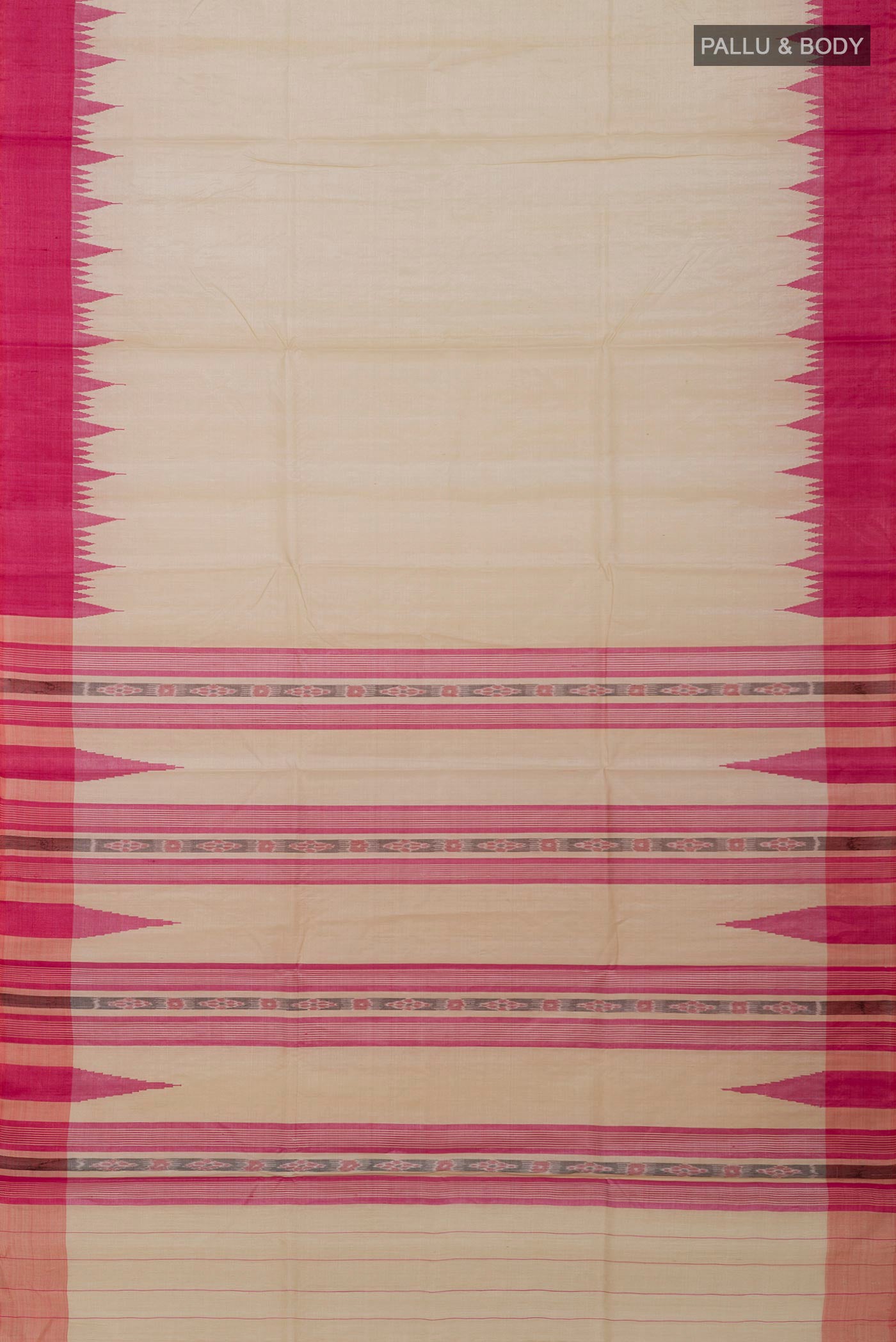 Flat view of Cream Tussar Silk Saree with Plain Body and Temple Border. 